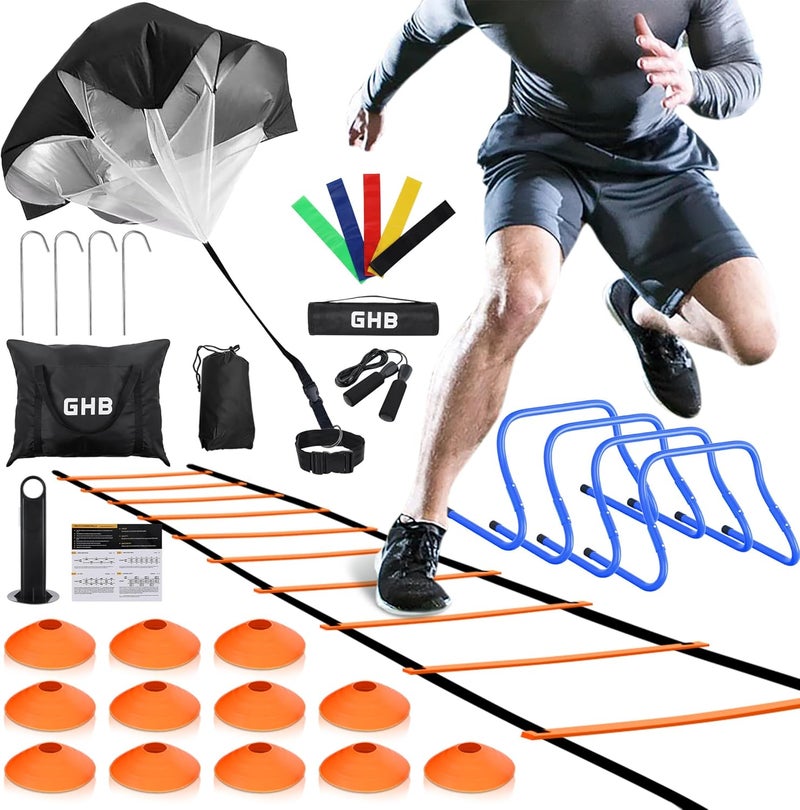 GHB Agility Ladder,Football Training Equipment Set,4 Agility Hurdles, 20 feet12 Rungs Speed Ladder,12 Disc Cones,Resistance Parachute, Jump Rope, 5 Resistance Bands - Image 1